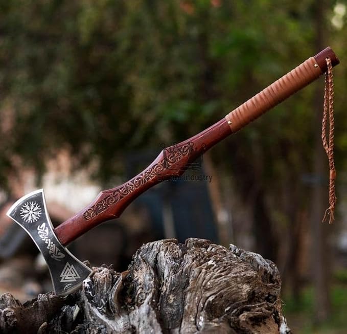 Handmade High Carbon Steel Double Edge Viking Axe - Valhalla Axe with Sheath - Viking Hatchet - Hunting Axe - Rose Wood Handle - Hand Engraved Design by Empire Industry