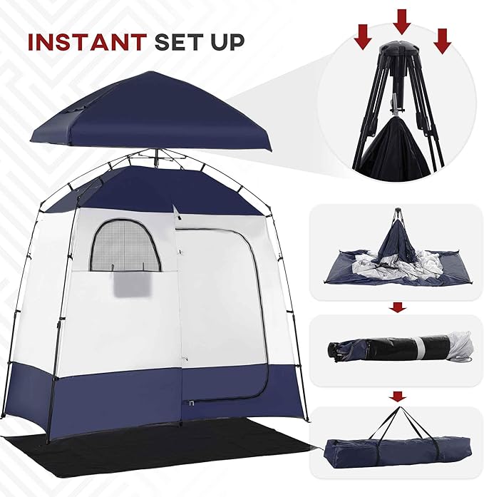 Camping Shower Tent - Instant Setup 2 Room Privacy Shelter w/20L Shower Bag 2000mm Waterproof Enclosure &amp Detachable Floor Portable Bathroom Tent for Beach/Camping/RV