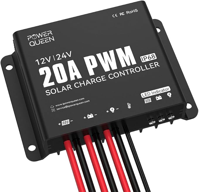 Power Queen 20A 12V/24V PWM IP68 Waterproof Solar Charger Controller with LED Indicators Ideal for LiFePO4 AGM Gel Flooded Battery in RVs Trailers Boats Yachts