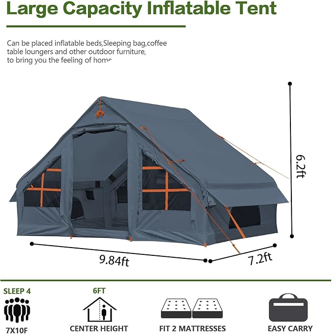 Inflatable Camping Tent2/4/6/8 Person Glamping Inflatable Tents with Awning Quick Setup Blow Up Tents with Pump Waterproof Oxford Inflatable House for Camping Air Glamping Hot Tents for Adult