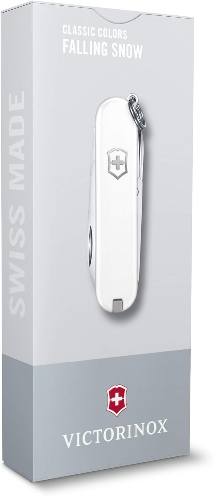 Victorinox Classic SD Swiss Army Knife Compact 7 Functions Swiss Made Pocket Knife with Small Blade Screwdriver and Key Ring - Falling Snow (White)
