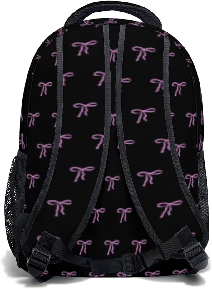 Cute Bow Backpack for Girls Lightweight School Backpack with Front Pocket &amp Side Mesh Black Pink Pattern Bookbag for Elementary Middle School Students Back to School Daily Use