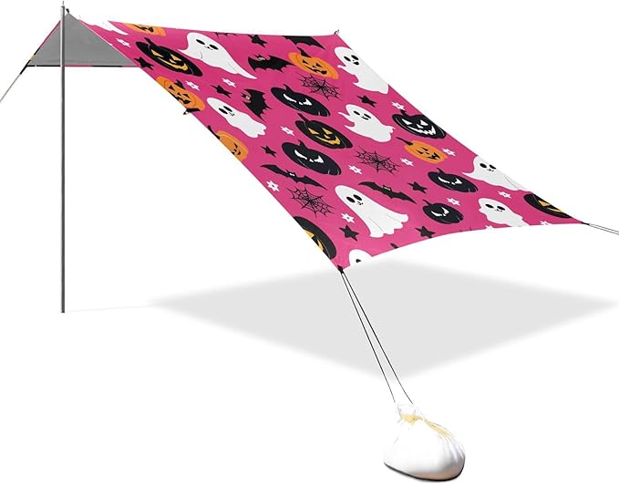 ALAZA Cute Ghost Pumpkin Bat Halloween Beach Tent Sun Shelter UPF50+ Protection Beach Shade Canopy w/ 4 Sandbags for Outdoor Camping Fishing Backyard Fun Picnic 10x9 ft