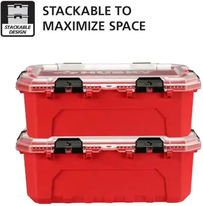 Professional Heavy Duty Waterproof Stackable Plastic Storage Container with Hinged Lid Red Rectangular (12 Gal)