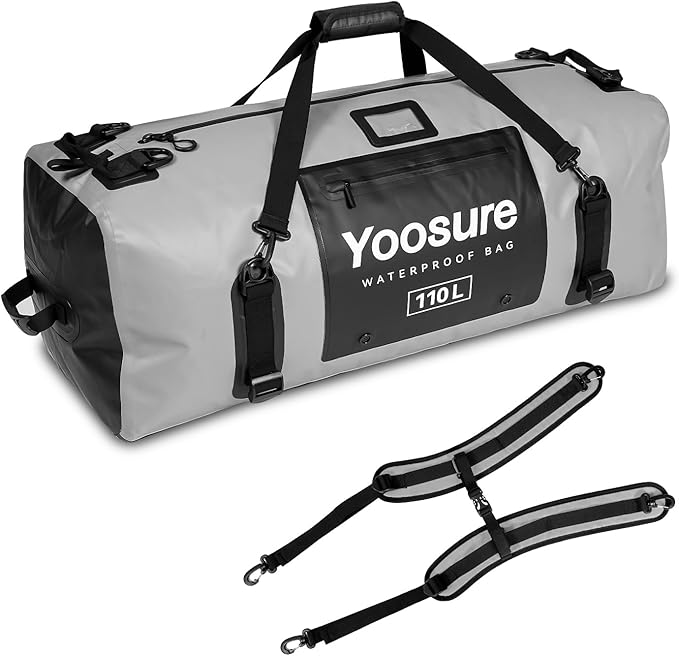 Waterproof Duffel Bag 110L- 700D PVC Dry Bag with Airtight Zipper Large Dry Bag with Straps&ampHandles for Camping Boating Kayaking Rafting Canoeing Gym Beach Car Roof Storage (Grey)