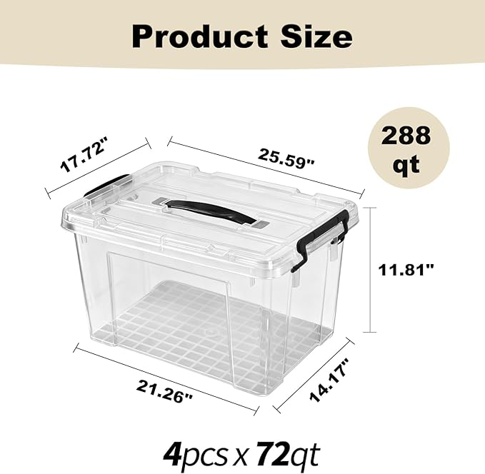 4 Pack 72 QT Storage Bins with Lids Large Stackable Plastic Storage Containers Heavy-Duty Clear Organizer with Secure Latches &amp Handles BPA-Free for Home Office Garage