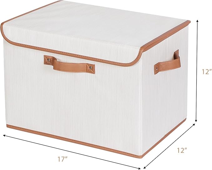 Univivi Heavy Duty Fabric Storage Bins with Lid Large 17 10 Gallon Stackable Storage Bins with Leather Handles Decorative Storage Boxes with Lids for Bedroom Closet Nursery Office 3-Pack(Beige)