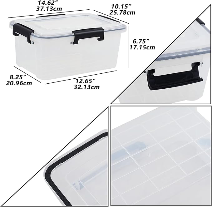 6-Pack 12 Quart Plastic Gasket Box with Seal Lids Watertight Organizing Tote Container Stackable Bin with Secure Latching Buckles Clear