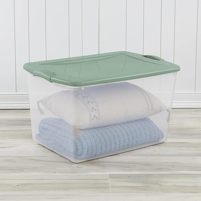 Storage Bin 66 Qt ClearView Latch Storage Box Plastic Stackable Bin with Latching Lid Plastic Container to Organize Clothes in Closet Clear BaseGreen Sage Lid 6-Pack