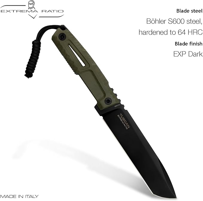Extrema Ratio - TUSCAN S600 (BLACK) Fixed Blade Knife high-speed tool steel S600 hardened to 64 HRC burnished blade finish ergonomic Forprene handle full tang handcrafted in Italy