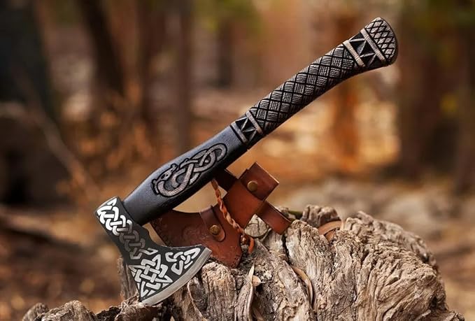 19 Viking Axe with Leather Sheath | Hand-Forged Carbon Steel Engraved Bearded Axe for Camping Bushcraft Gifts for Men (Black)