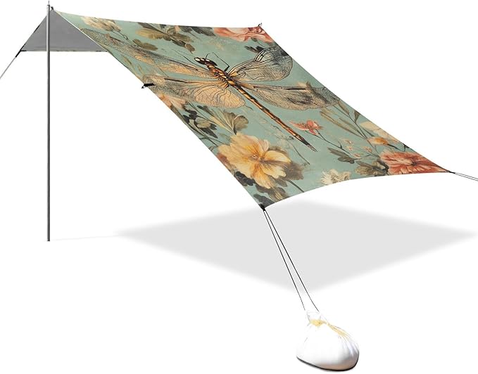 ALAZA Vintage Dragonfly Floral Beach Tent Sun Shelter Portable Canopy Sunshade for Outdoor Camping Picnics Backyard Fun 10x9 ft