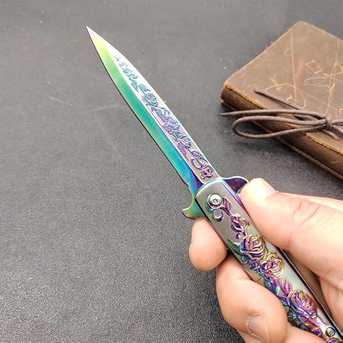 Folding Knives with 3D relief rose pattern 3.6 8Cr14Mov Steel Blade 8Cr14MovHandle Liner Lock Knife with Clip for Outdoor Camping Fishing Hunting (A1)
