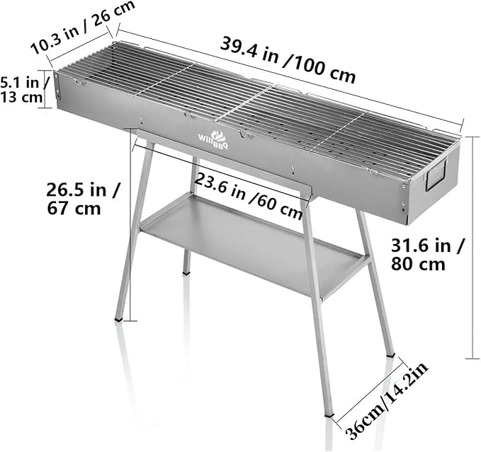 WILLBBQ Charcoal Grills Commercial Quality Portable Hibachi BBQ Lamb Skewer Detachable‌ Camping Barbecue Grill for Backyard Outdoor Cooking Use(39.4x10.3x5.1 inch)