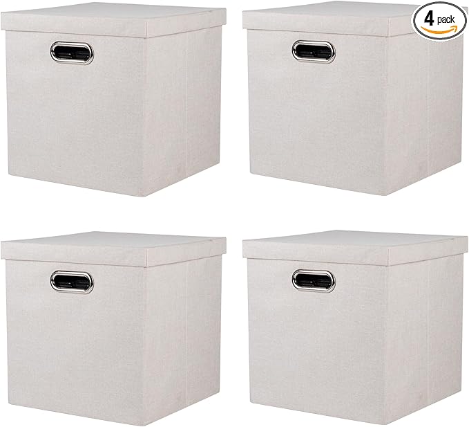 Storage Bins with Lids Collapsible Linen Fabric Boxes Organizer Containers with Lid Foldable Storage Box Basket for Closet Shelves Home Office 12 x 12 x 12.4 Inch 4 Pack Beige