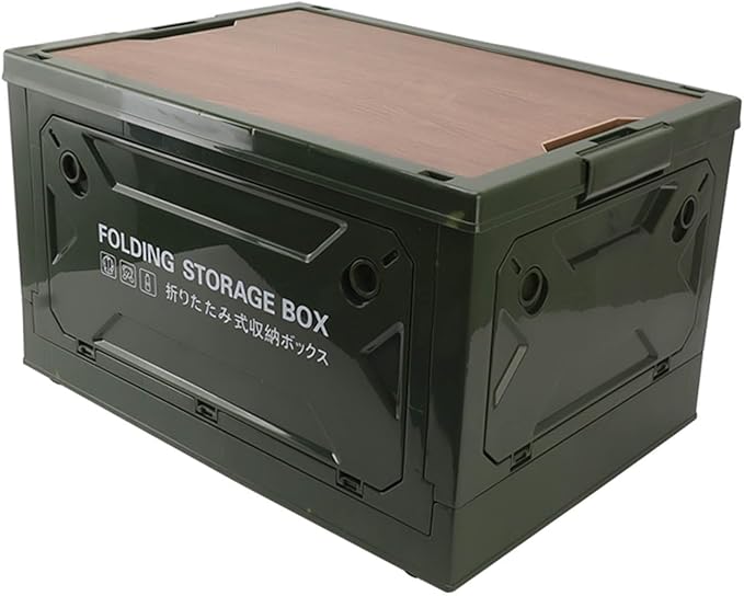 Dioche Camp KitchFolding Camping Storage Box with Wooden Lid - 50L Collapsible Container with Wheels for Easy Transport - Durable PP and MDF Material - Ideal for Camping Picnic and (OD Green)