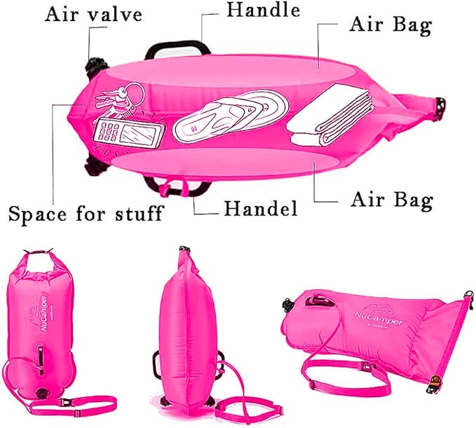 NuCamper Swim Buoy for Open Water Swimmers With Adjustable Waist Belt Waterproof Dry Bag Swim Bubble For Safty Swimming Training Snorkeling Kayaking Diving Boating Large Capacity 28L