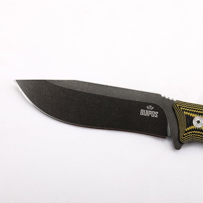BUIPOS BD06 Fixed Blade Knife DC53 Stone Wash Steel Blade Two-color G10 Handle Full Edge Knife for Outdoor Camping Trekking Hunting Fishing (White Black) (Yellow handle and black blade)