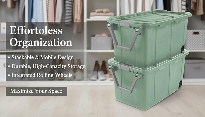 40 Gallon Light Green Rolling Industrial Storage Bins 2-Pack Heavy-Duty Plastic with Leakproof Lid &amp Latches Stackable for Garage Warehouse Equipment Transport