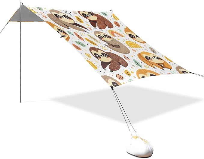 Playful Sloth Beach Tent Sun Shelter Set UPF50+ UV Protection 10.5 x 9.19 FT Camping Shade Canopy with Sandbags Sand Anchors Carrying Bag and Others