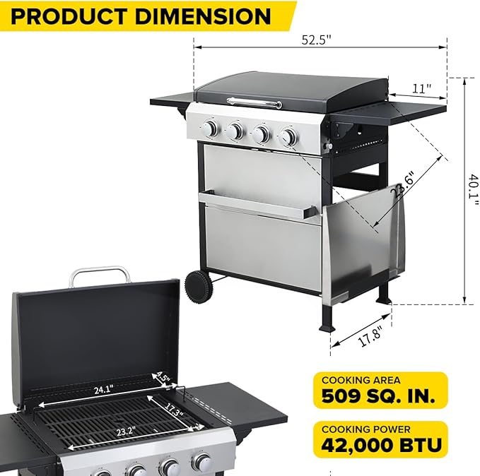 CIG GARDEN 4-Burner Propane Flat Top Grill 42000 BTU Stainless Steel Commercial-Style Griddle for Patio Backyard Camping &amp Outdoor BBQ