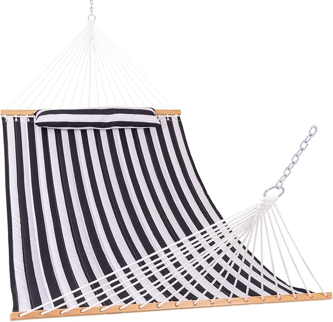Lazy Daze Hammocks 12FT Quilted Fabric Double Hammock with Spreader Bars and Detachable Pillow 2-Person for Outside Patio Poolside Backyard Beach 450 lbs Capacity Black White