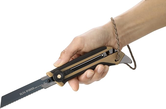 OLFA WORKS OW-OUK-1/SB Outdoor Knife Fine Serrated Edge Blade for Confident Cutting - Multi Purpose Outdoor Knife Designed to Handle Slippery Materials like Rope Plastic and Canvas - Ratchet-wheel