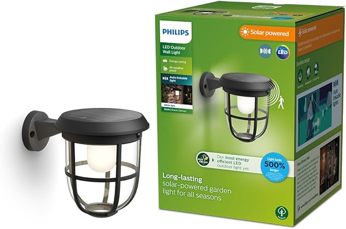 Philips Solar LED 1-Pack Ultra-Efficient Wall Lantern - Radii Dusk to Dawn Automatically Linkable Daylight and Motion Sensor 3000K Bright White Light IP44 Black