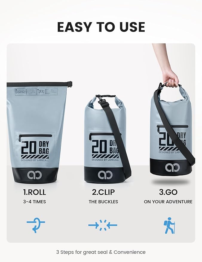 Lamicall 5L &amp 10L Dry Bag Waterproof Backpack - [Zippered Pocket] Roll Top Waterproof Bag Blueish Gray &amp Black