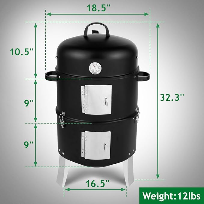 LEADZM 3-in-1 Vertical Charcoal Grill Outdoor BBQ Charcoal Smoker with Built-in Thermometer Air Vent and 2 Access Doors Perfect for Camping Picnics Backyard BBQs and Tailgating Parties