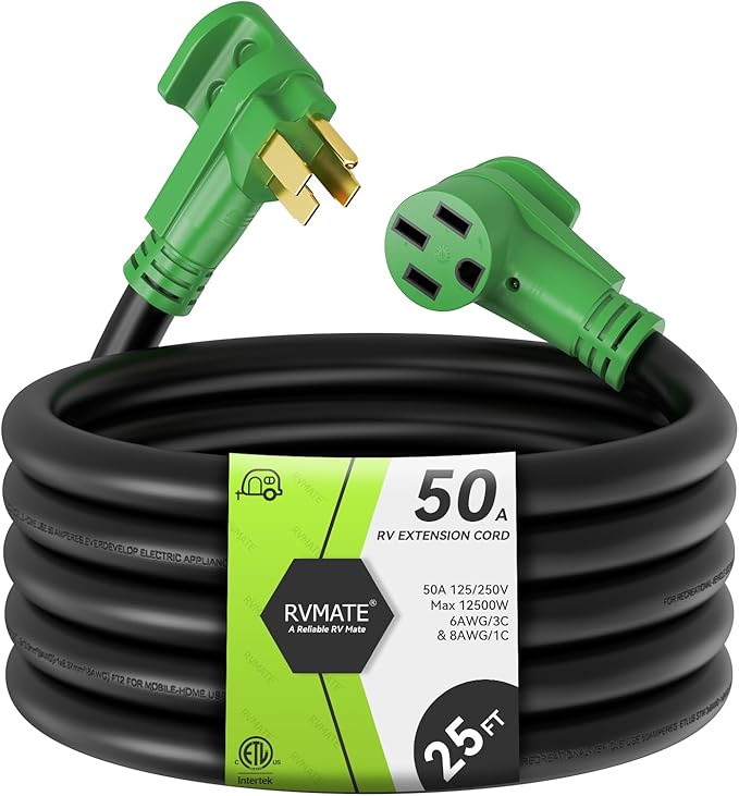 RVMATE 50 Amp 25 Feet RV/EV Extension Cord Easy Plug in Handle 14-50P to 14-50R with LED Indicator ETL Listed Come w/Storage Bag and Plastic Strap