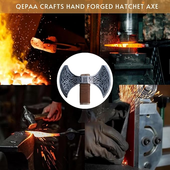Qepaa Crafts® Custom Handmade Viking Axe Rose Wood Handle Hand Forged Carbon Steel Twin-Blade Berserker Axe for Norse Viking DecorFree Leather Sheath Gift for him