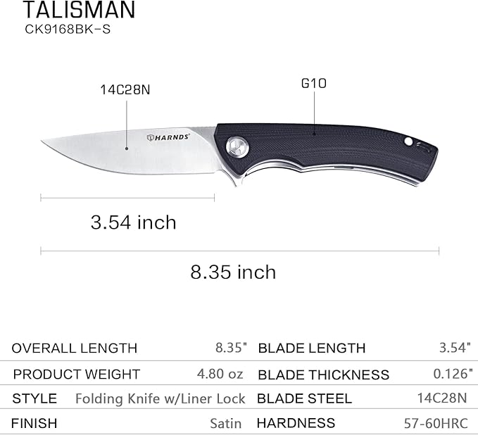 Harnds Talisman CK9168 Pocket Knife with Ball Bearing Pivot System Folding Knife with G10 Handle Pocketclip (black handle)