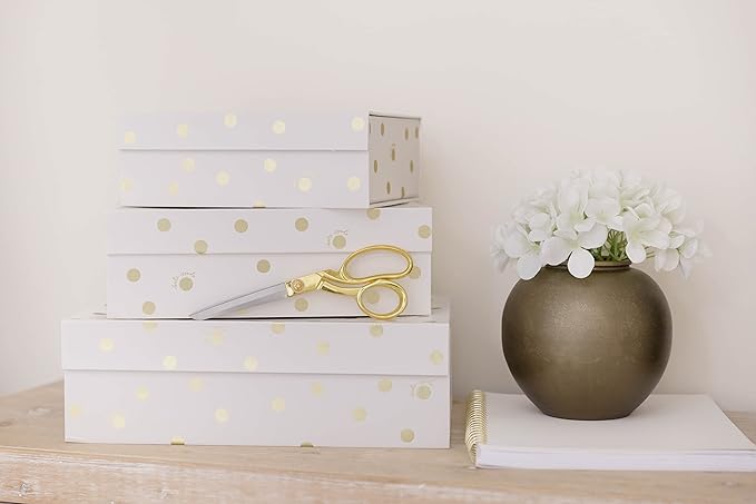 kate spade new york Decorative Storage Boxes with Lids 3 Pack Sturdy Organizer Storage Bins Includes Small Medium Large Pink Nesting Boxes with Magnetic Closure Gold Dot with Script