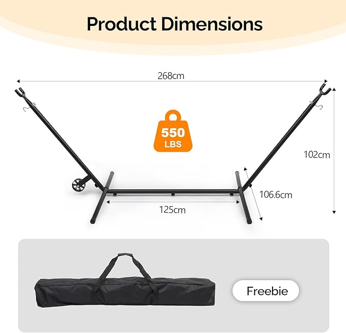 ONCLOUD Upgraded Reinforced 9 FT Hammock Stand Only Easy to Remove w/Wheel Heavy Duty Hammock Stand with Carrying Case Universal Hammock Stand for Outsides Yard (Black w/Wheel)