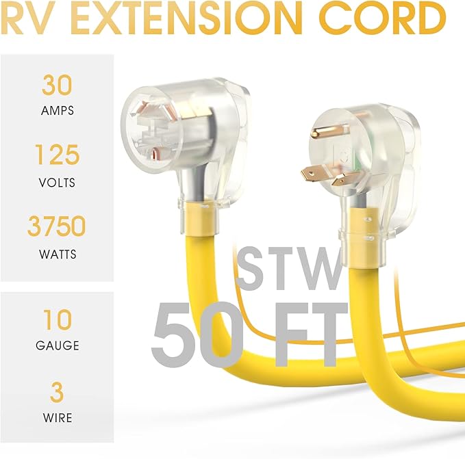 TOOLIOM 30 Amp Generator Extension Cord NEMA TT-30P/TT-30R RV Extension Cord 125V 3750W 10/3 AWG STW Generator Cord with LED Indicator Grip Handle for Generator RV Trailer Campers UL Listed (50FT)