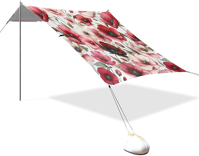 Red Pink Flowers Beach Tent Sun Shelter Set UPF50+ UV Protection 10.5 x 9.19 FT Camping Shade Canopy with Sandbags Sand Anchors Carrying Bag and Others