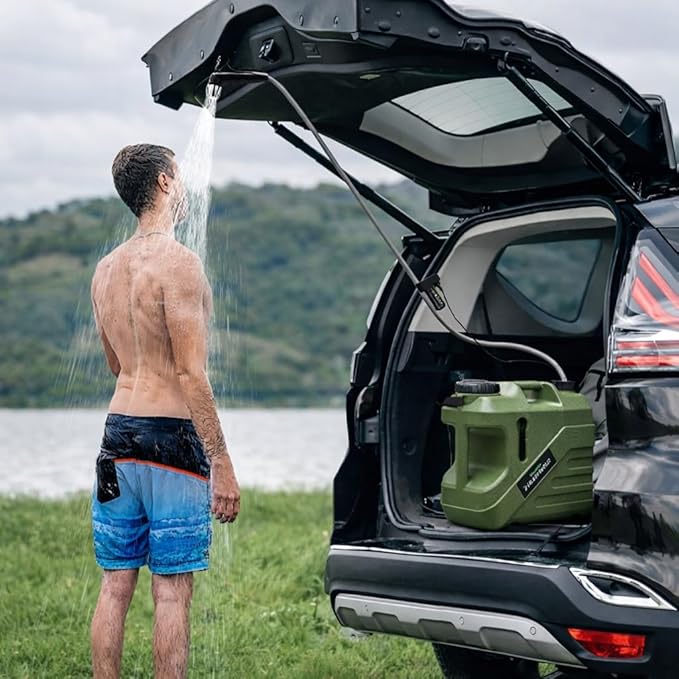 SPACEREST Portable Shower for Camping with Integrated Design – Spill-Resistant Electric Camping Shower 5-Gallon Food-Grade Water Jug for Outdoor Beach Hiking Dog Wash 2 Batteries