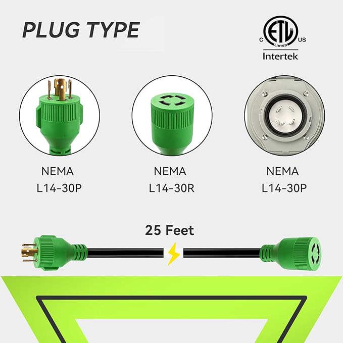 RVMATE 4 Prong 30 Amp Generator Cord (25FT) and Pre-Drilled Power Inlet Box Waterproof Combo Kit NEMA L14-30P to L14-30R Generator Cord with NEMA L14-30P Generator Inlet ETL Listed