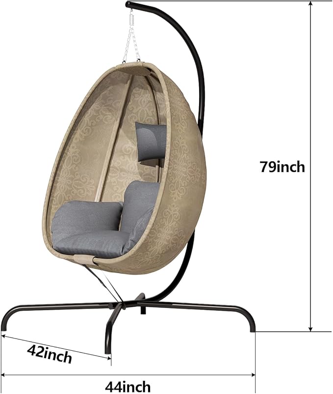 ALAULM Foldable Egg Chair with Stand 485LBS Capacity Textilene Hammock Swing Chair for Outdoor &amp Indoor Hanging Chair with Strong Frame &amp UV Resistant Cushion for Balcony Bedroom Light Gra
