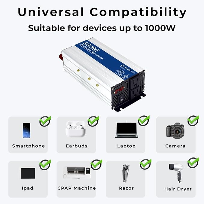 1000W Power Inverter 24V DC to 110V 120V AC Modified Sine Wave Car Power Inverter with 2 AC Outlets and LED Display for Vehicles Truck RV Home Emergency Camping Off-Grid Over 90% Efficiency