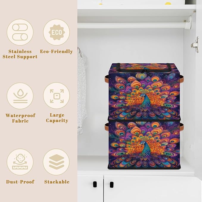 Peacock Storage Box with Lid Watercolor Feather Collapsible Storage Bins Baskets Cubes Closet Shelf Clothes Organizer Containers with PU Leather Handles