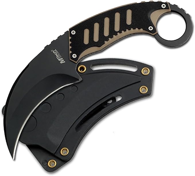 MTECH USA Fixed Blade Karambit Knife 7.5” Overall Length Black Stainless Steel Curved Blade G10 Handle Nylon Fiber Sheath (Black &amp Tan)