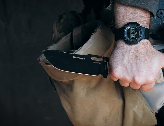 Hydra Knives HAWKEYE Survival Knife. 5.51 Full Tang Blade. Drop Point Shape with Böhler N690co Cryogenic Steel 59-61 HRC. CNC G10 Tan Handle. Kydex Sheath. Tactical Bushcraft Camping Survival