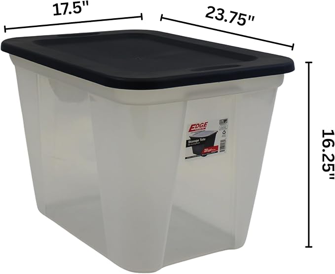 Square Base Storage Tote durable storage in for home or garage with secure snap lid designe for stacking (8 Clear with Ink Lid 20 Gallon)