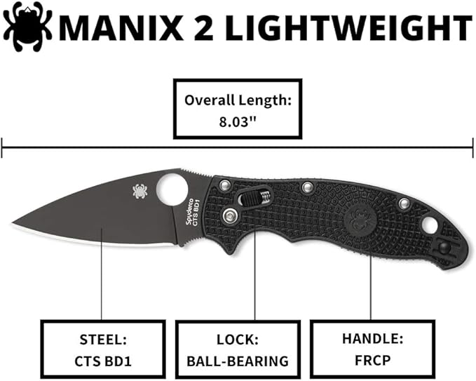Spyderco Manix 2 Lightweight Folding Pocket Knife with 3.3 CTS BD1N Steel Blade and FRCP Handle - EDC Knife for Men and Women Perfect for Hunting Tactical Camping - PlainEdge - C101PBBK2