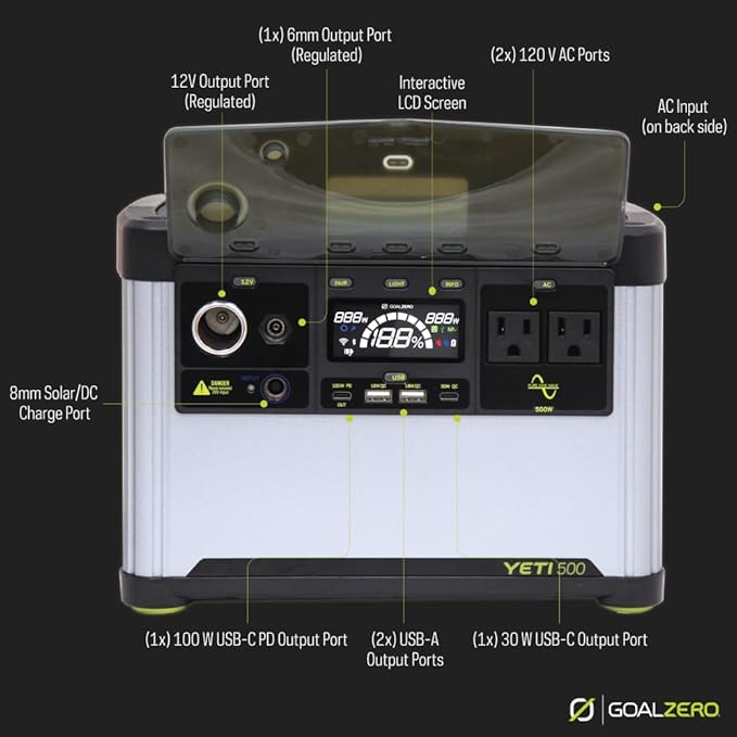Goal Zero Yeti Portable Power Station Yeti 500 499 Watt Hour LiFePO4 Battery Water Resistant &amp Dustproof Solar Generator for Outdoors Camping Tailgating &amp Home Clean Renewable Off-Grid