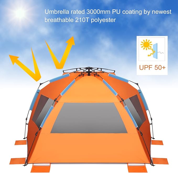 Oileus XX-Large Beach Tent Sun Shelter for 5-6 Person Portable Sun Shade Instant Pop Up Tent for Beach with Carrying Bag Stakes 6 Sand Pockets Anti UV for Fishing Hiking Camping Waterproof