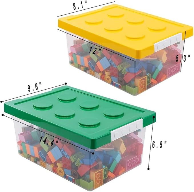 loobuu Plastic Storage Bins with Lids - Stackable Toy Storage Organizer Box Set of 2 Toy Chests with Compatible Building Baseplate and Lid Storage Container for Building Bricks - Yellow+Green