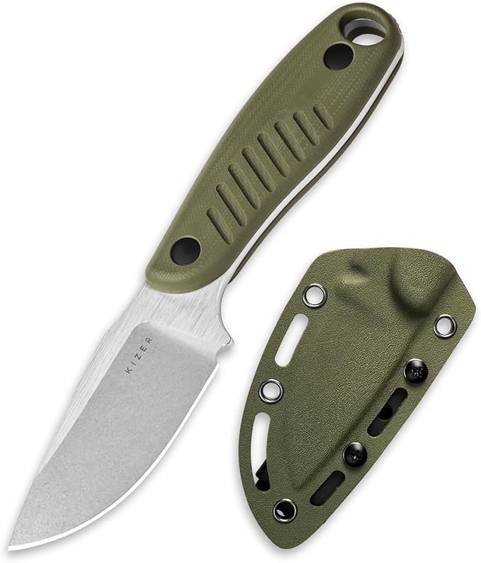 Kizer Hare Fixed Blade Knife with Sheath 3.14 Nitro V Blade EDC Hunting Knife with Olive Green G10 Handle Small Bushcraft Neck Knives Outdoor Camping Knives for Men Women 1077M2